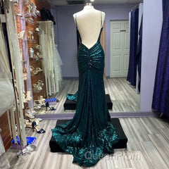 Hot Sequin Emerald Green Evening Prom Dresses Backless Long Evening Dresses