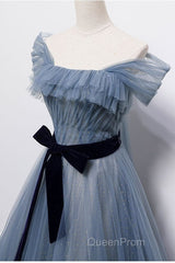 Blue Off the Shoulder Tulle Long Evening Prom Dresses with Sash, Sparkly Formal Gown