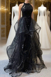 A-Line Evening Prom Dresses Vintage Dresses Wedding Guest Wedding Party Sweep / Brush Train Sleeveless Halter Neck Wednesday Addams Family Sequined with Crystals Sequin Ruffles Masquerade Dresses