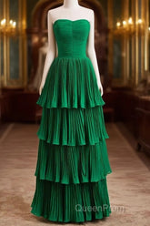 Hunter Green A-Line Chiffon Strapless Layers Long Evening Prom Dresses Formal Evening Dresses