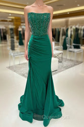 Hunter Green Mermaid Strapless Beaded Pleated Long Evening Prom Dresses