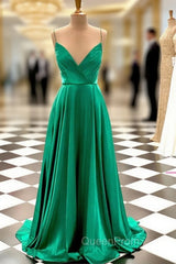 Hunter Green Evening Prom Dresses, A-line V Neck Spaghetti Straps Sweep Train Charmeuse Evening Prom Dresses With Pleated