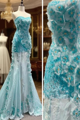 Ice Blue Ombre Mermaid Strapless Chiffon Long Wedding Dresses With Appliques And Beading Evening Prom Dresses