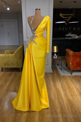 Illusion neck Bright Yellow One shoulder Bubble Sleeves Prom Dress