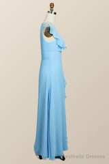 Blue Chiffon Ruffles Long Bridesmaid Dress