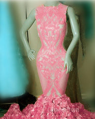 Iridescent Sequins Pink Rosette Mermaid Evening Prom Dresses