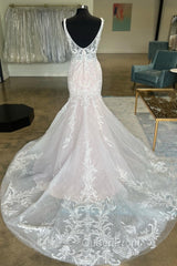 Ivory Appliques Plunge V Trumpet Long Bridal Gown Sexy