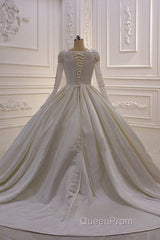 Ivory Long Sleevess Jewel Ruffless Flowers Bedaings Wedding Dresses