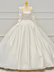 Ivory Satin Long Sleeve Square Pearls Wedding Dress