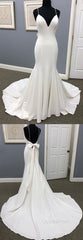 Ivory Satin Spaghetti Straps Open Back Sweet Train Wedding Dresses, Formal Evening Prom Dresses