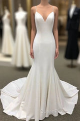 Ivory Satin Spaghetti Straps Open Back Sweet Train Wedding Dresses, Formal Evening Prom Dresses