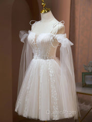 Ivory Tulle Knee Length With Lace Short Evening Prom Dresses, Cute Ivory Party Dresses