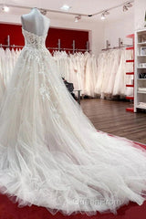 Ivory Tulle Lace Wedding Dresses A-Line Sweetheart Bridal Dresses With Sweep Train Off Shoulder