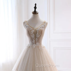 Ivory Tulle With Lace Long Wedding Party Dresses With Sweep Train, Ivory Formal Dresses