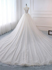 Ivory Tulle With Lace Long Wedding Party Dresses With Sweep Train, Ivory Formal Dresses