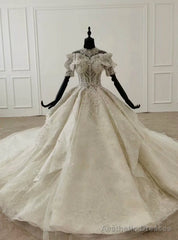 Ivory White Ball Gown Tulle High Neck Short Sleeve Wedding Dress