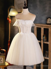 Ivory White Tulle Strapless Pearls Homecoming Dress