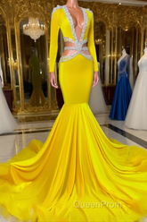 Jewel Mermaid Lace Sequined Beaded Floor-length Long Sleeve Evening Prom Dresses