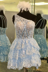 Dark Navy A-line One Shoulder Multi-Layers Homecoming Dresses