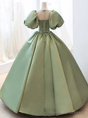 Green Satin Formal Evening Gown with Puff Sleeve, A-Line Long Prom Dress