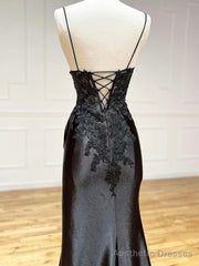 Black V-Neck Satin Lace Long Prom Dress, Black Spaghetti Strap Evening Dress with Slit