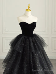 Black Strapless Tulle Formal Dress with Velvet, A-Line Sweetheart Neck Long Prom Dress