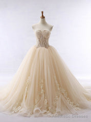 Lace Applique Champagne Tulle Sweetheart Neckline Wedding Dress