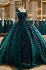 Lace Beaded Green Ball Gown Quinceanera Dresses Long Sleeves Graduation Dresses