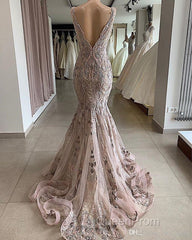 Lace Beaded Sexy African Dubai Evening Dresses Mermaid Backless Evening Prom Dresses Deep V-Neck Formal Party Bridesmaid Pageant Gowns