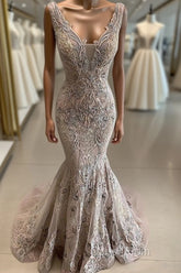 Lace Beaded Sexy African Dubai Evening Dresses Mermaid Backless Evening Prom Dresses Deep V-Neck Formal Party Bridesmaid Pageant Gowns