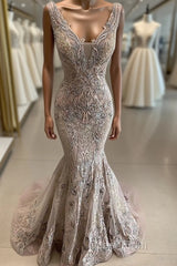 Lace Beaded Sexy African Dubai Evening Dresses Mermaid Backless Evening Prom Dresses Deep V-Neck Formal Party Bridesmaid Pageant Gowns