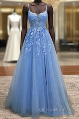 Lace Blue Evening Prom Dresses V Neck Long Formal Dresses Open Back