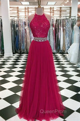 Lace Crop Top Tulle Evening Prom Dresses Two Piece Evening Gowns Beaded Sashes