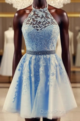 Lace Embroidery Halter Tulle Homecoming Dresses Cross Back