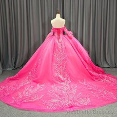 Lace Hot Pink Sequins Ball Gown Quinceaera Dress