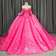 Lace Hot Pink Sequins Ball Gown Quinceaera Dress