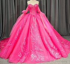 Lace Hot Pink Sequins Ball Gown Quinceaera Dress