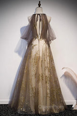 Lace Long Appliques Champagne Tulle Evening Prom Dresses