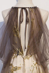 Lace Long Appliques Champagne Tulle Evening Prom Dresses