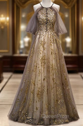 Lace Long Appliques Champagne Tulle Evening Prom Dresses