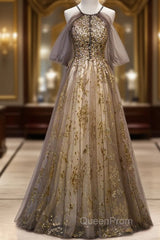 Lace Long Appliques Champagne Tulle Evening Prom Dresses