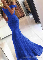 Lace Long/Floor-Length Trumpet/Mermaid Sleeveless Off-The-Shoulder Zipper Prom Dresses With Appliqued Beaded