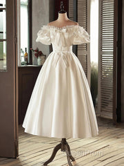 Lace Tea Length Bowknot White Satin Wedding Dresses