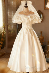 Lace Tea Length Bowknot White Satin Wedding Dresses