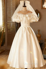 Lace Tea Length Bowknot White Satin Wedding Dresses
