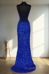 Lace-Up High Slit Royal Blue Glitters Long Party Dresses