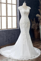Lace V-Neck Cap Sleeve Trumpet Wedding Dresses