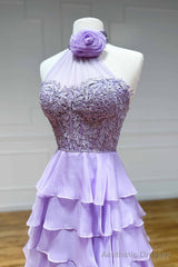 Lavender A line High Neck Tiered Chiffon Prom Dress with 3D Flower