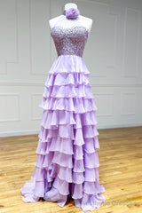 Lavender A line High Neck Tiered Chiffon Prom Dress with 3D Flower