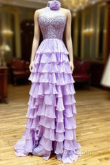Lavender Long Tiered Violet Evening Prom Dresses Ruffle High Neck With 3D Flower